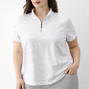 Chicos Weekends Size 3 (XL) White Silver Metallic Zip Mock Neck Golf Top
